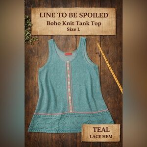Spoiled Boho Knit Tank Top Size L Teal Lace Hem Sleeveless